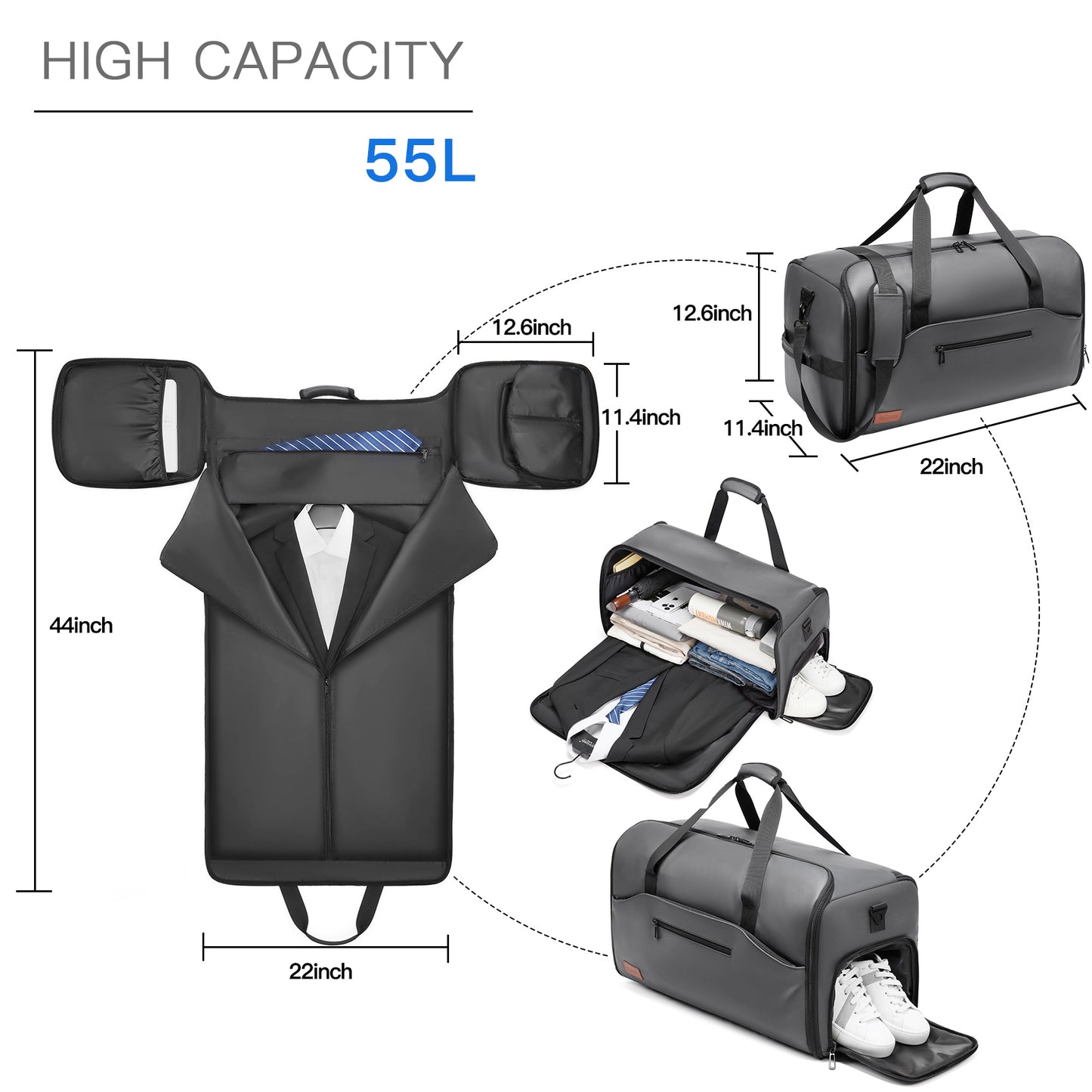 Moulyan Garment Duffle Bags for Travel,Moulyan Convertible Carry on Garment Bag with Shoe Compartment,3 in 1 Waterproof Travel Suit Bag with Shoulder Strap for Men Women