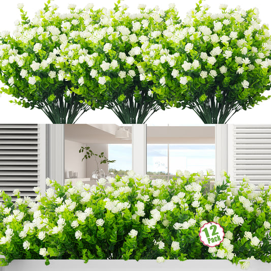 Moulyan 12 Bundles Artificial Fake Flowers, Faux Outdoor Plastic Plants UV Resistant Shrubs Outside Indoor Decorations