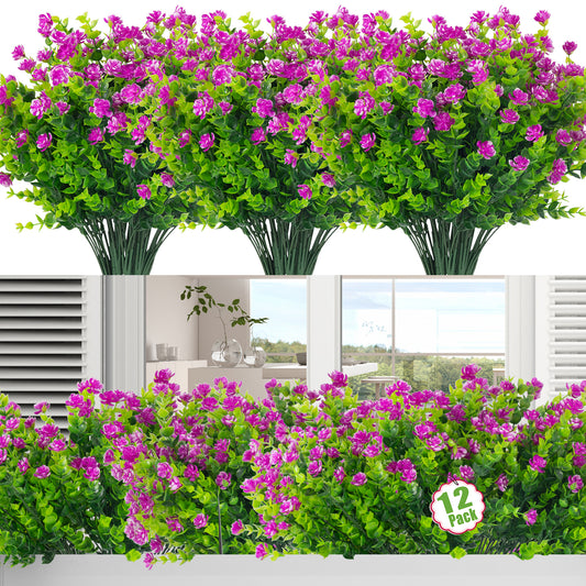 Moulyan 12 Bundles Artificial Fake Flowers, Faux Outdoor Plastic Plants UV Resistant Shrubs Outside Indoor Decorations