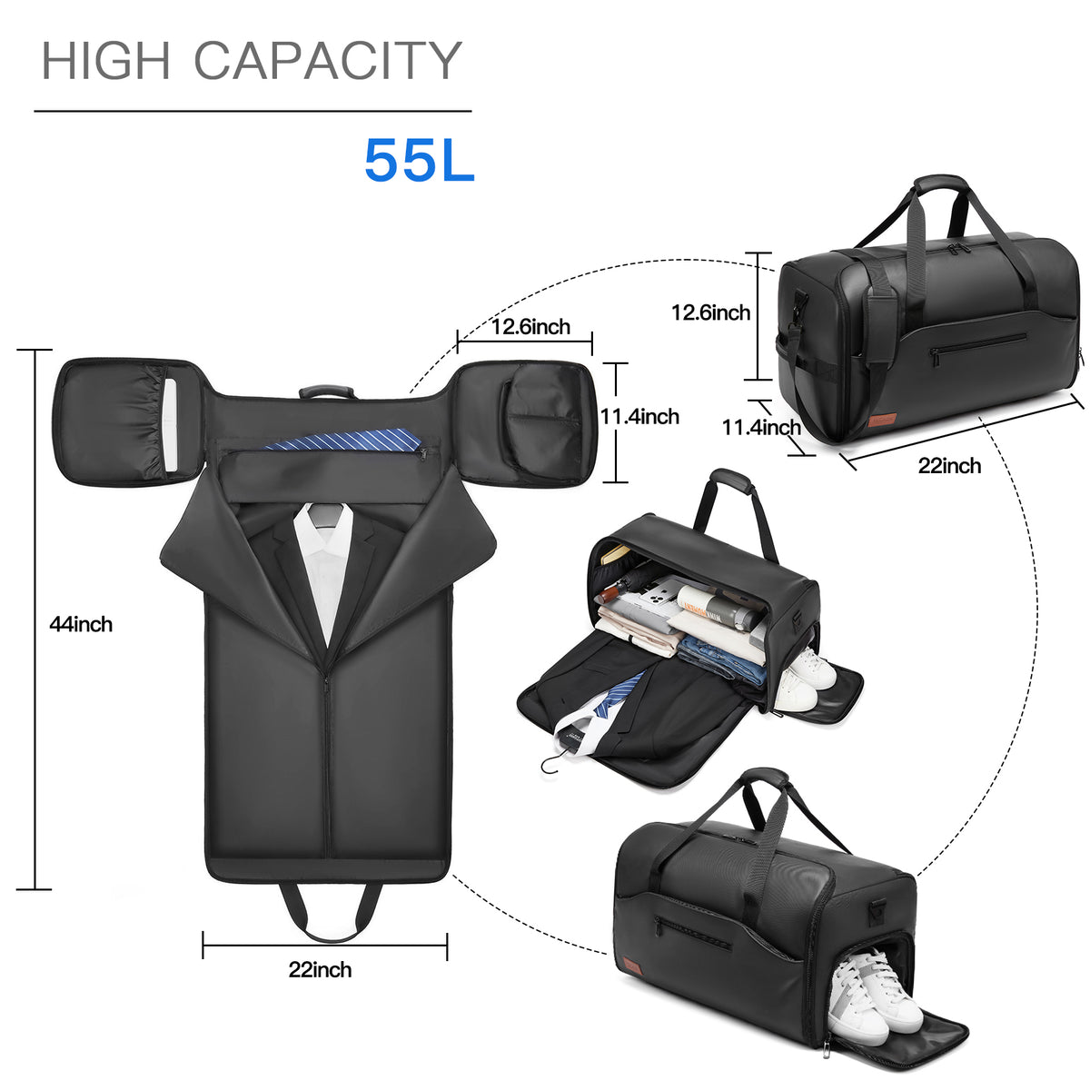 Moulyan Moulyan Garment Duffle Bags for Travel,Moulyan Convertible Carry on Garment Bag with Shoe Compartment,3 in 1 Waterproof Travel Suit Bag with Shoulder Strap for Men Women