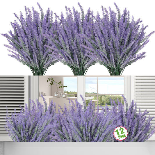 Moulyan 12 Bundles Fake Flowers Artificial Lavender Faux Plastic Purple Flowers for Home Wedding Kitchen Garden Patio Window Box